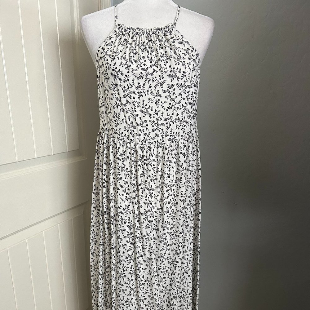 Old Navy Gathered Neckline Cream and Black Ditzy Cottagecore Midi Dress XS NWT